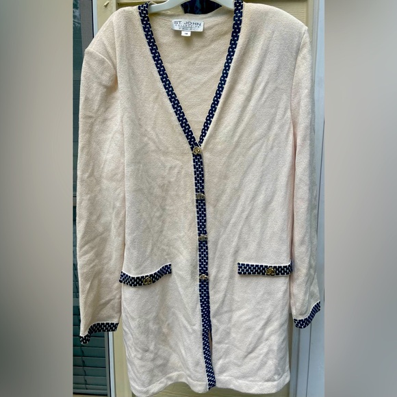 St. John Collection By Marie Gray Cream Knit Long Cardigan W/ Logo Buttons Sz 14